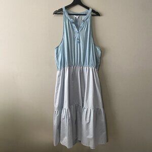 Refashioned Plus Size Upcycled Cotton Blue Button Front Halterneck Dress